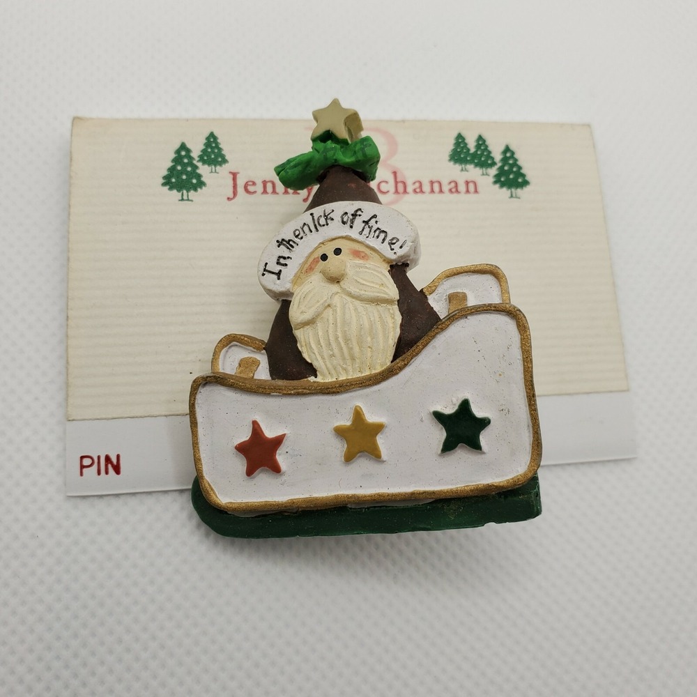 Jenny Buchanan Santa "In the nick of time" Christmas Pin Brooch Holiday Sleigh